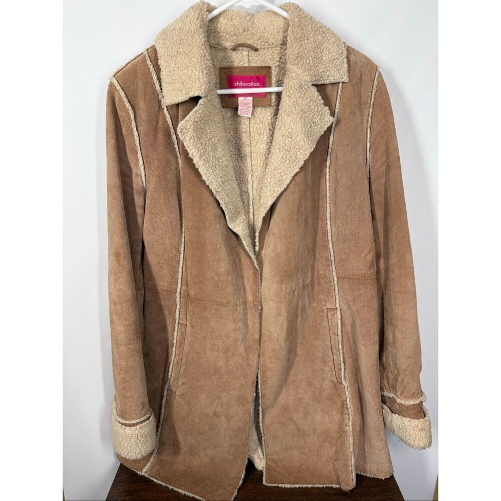 Vintage Xhiliration Women tan long leather faux sheep lining jacket size medium